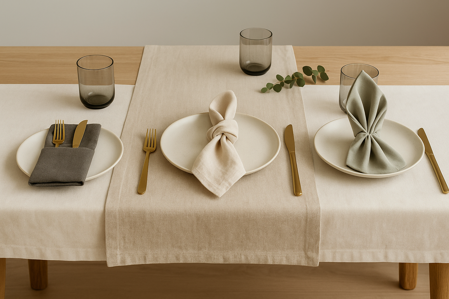 Serviettes de table en lin pliées (anthracite, écru, sauge) sur table en bois clair, couverts dorés et verres fumés, chemin de table beige — style scandinave minimal