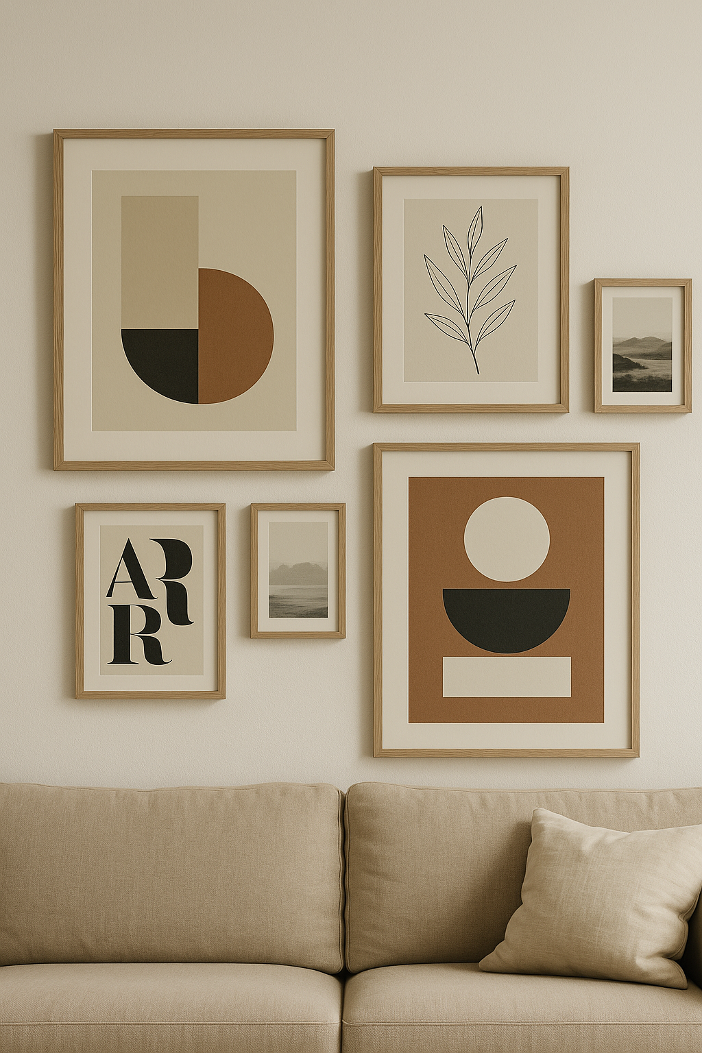 Affiche déco – galerie murale d’impressions encadrées en chêne au-dessus d’un canapé beige ; motifs géométriques, botanique et typographie, style scandinave minimal en tons neutres terracotta.