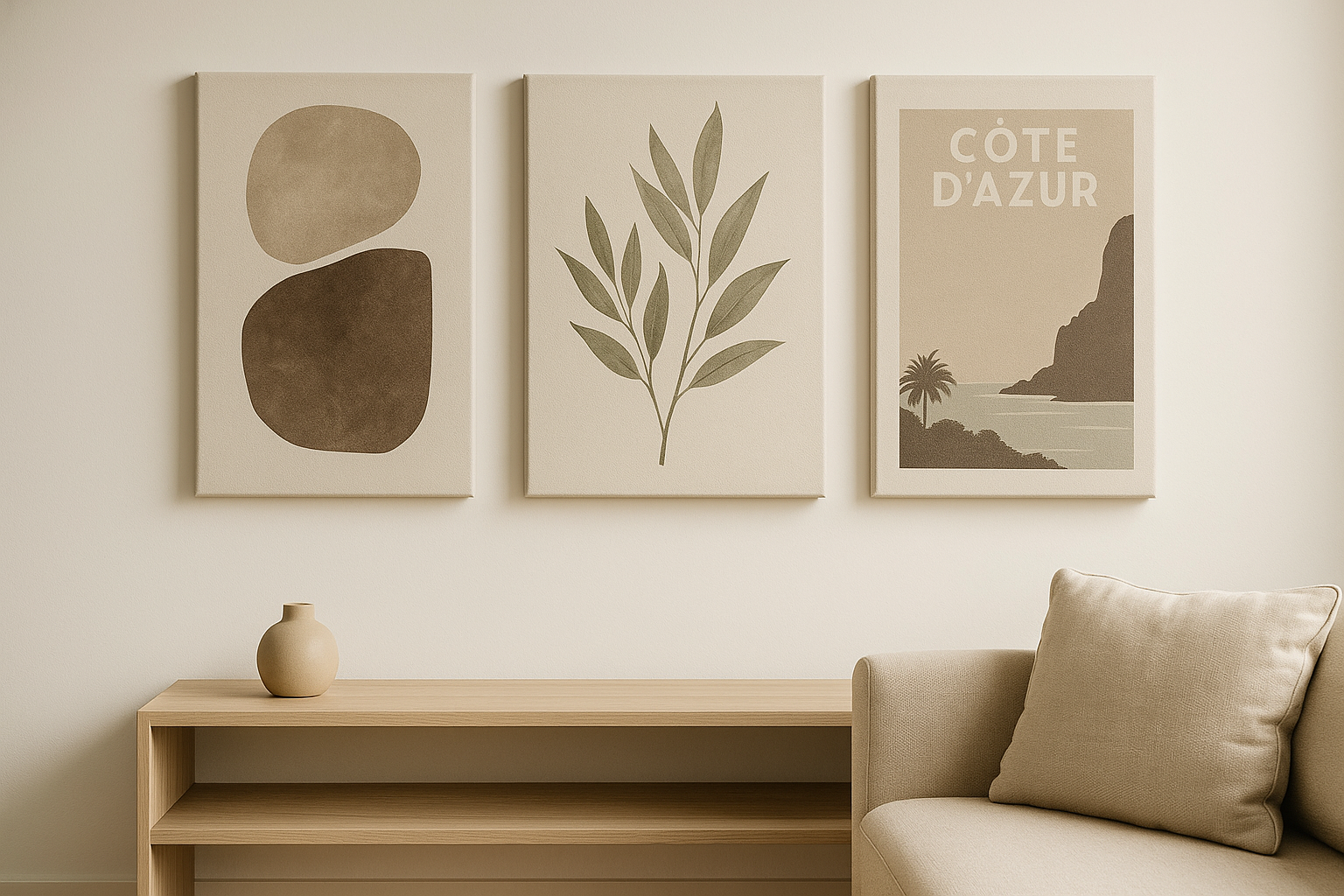Toile imprimée – triptyque canvas beige : abstraction, branche d’olivier et affiche Côte d’Azur au-dessus d’un buffet en chêne et d’un canapé, style scandinave minimal
