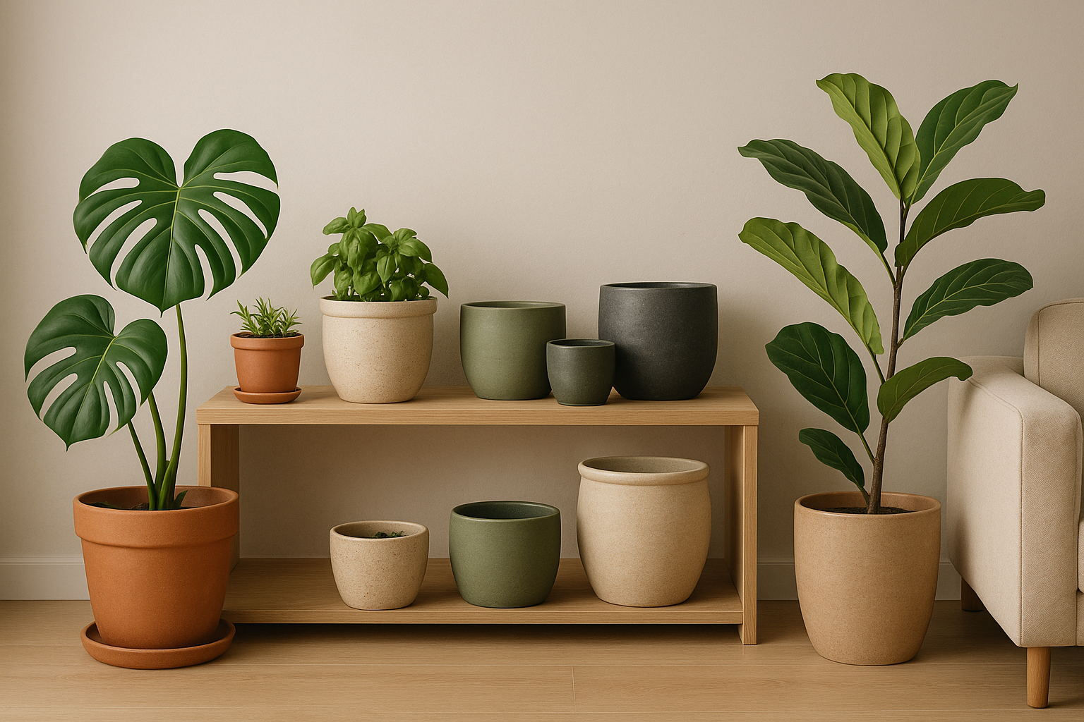 Pot céramique — cache-pots en grès terracotta, sable, vert olive et anthracite sur console en bois, avec monstera, basilic et ficus lyrata — style scandinave