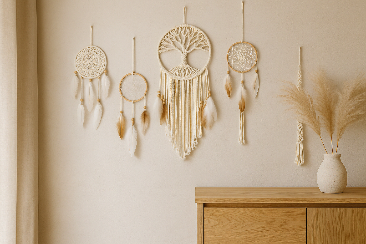Attrape-rêves macramé — capteurs de rêves en coton écru avec plumes et perles bois, diamètres variés (Ø20 à Ø60 cm) suspendus sur un mur blanc, style bohème