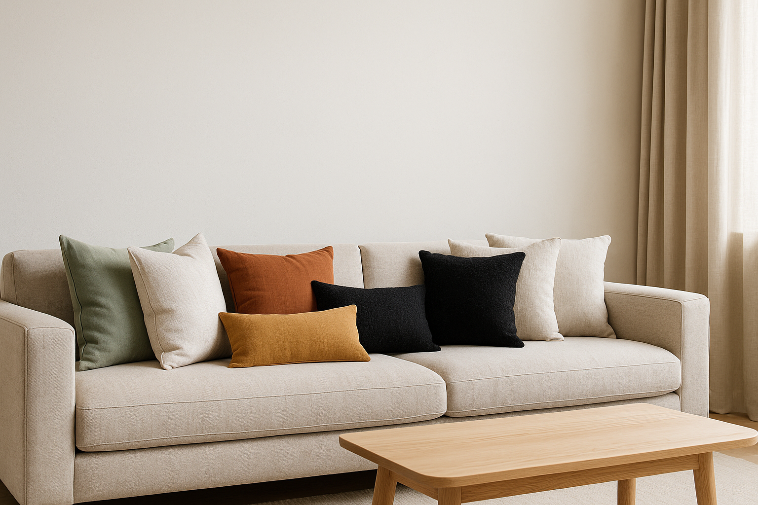 Housse de coussin — canapé beige avec coussins 45×45 et 30×50 en lin/velours (sauge, écru, terracotta, moutarde, noir), salon scandinave minimal avec rideaux beiges