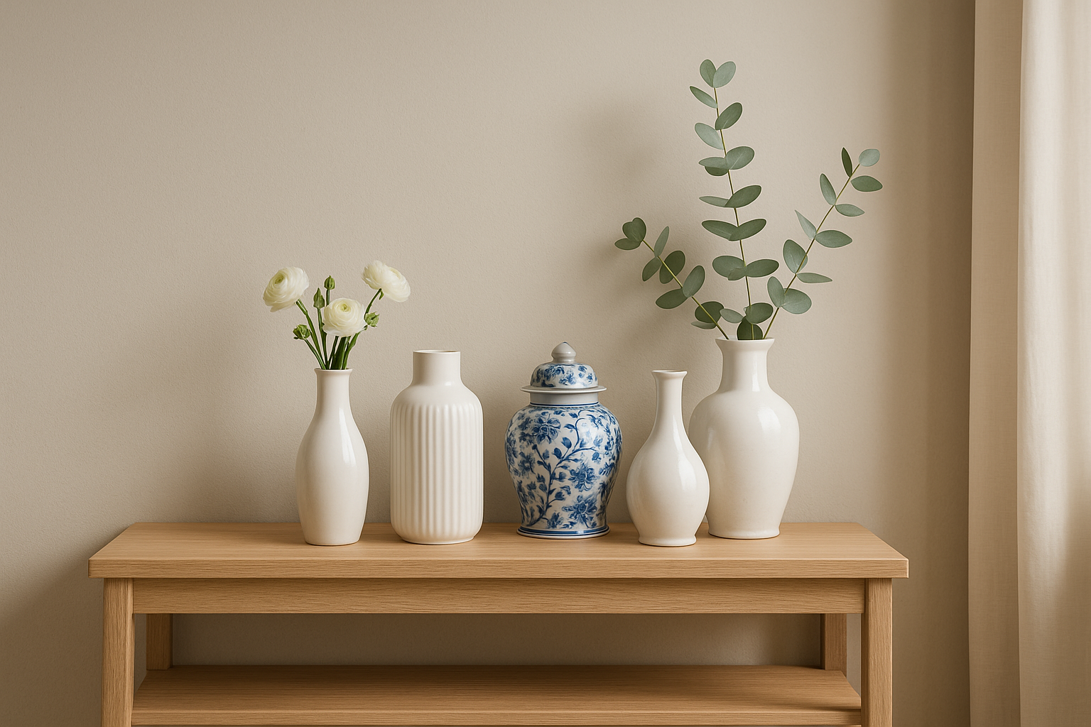 Vase en porcelaine — soliflores blancs et ginger jar bleu & blanc sur console en chêne, fleurs blanches et eucalyptus, déco scandinave minimaliste