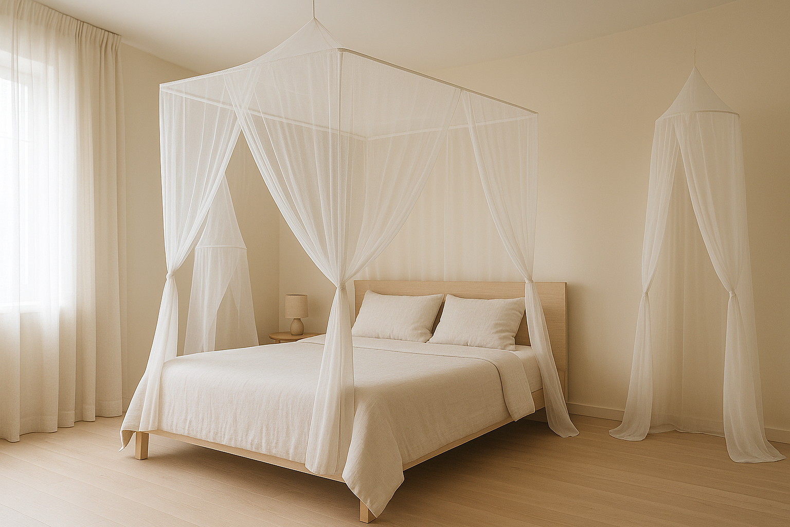 Moustiquaire de lit — baldaquin rectangulaire en voile blanc autour d’un lit queen en bois clair, avec ciel de lit conique en arrière-plan, chambre scandinave lumineuse