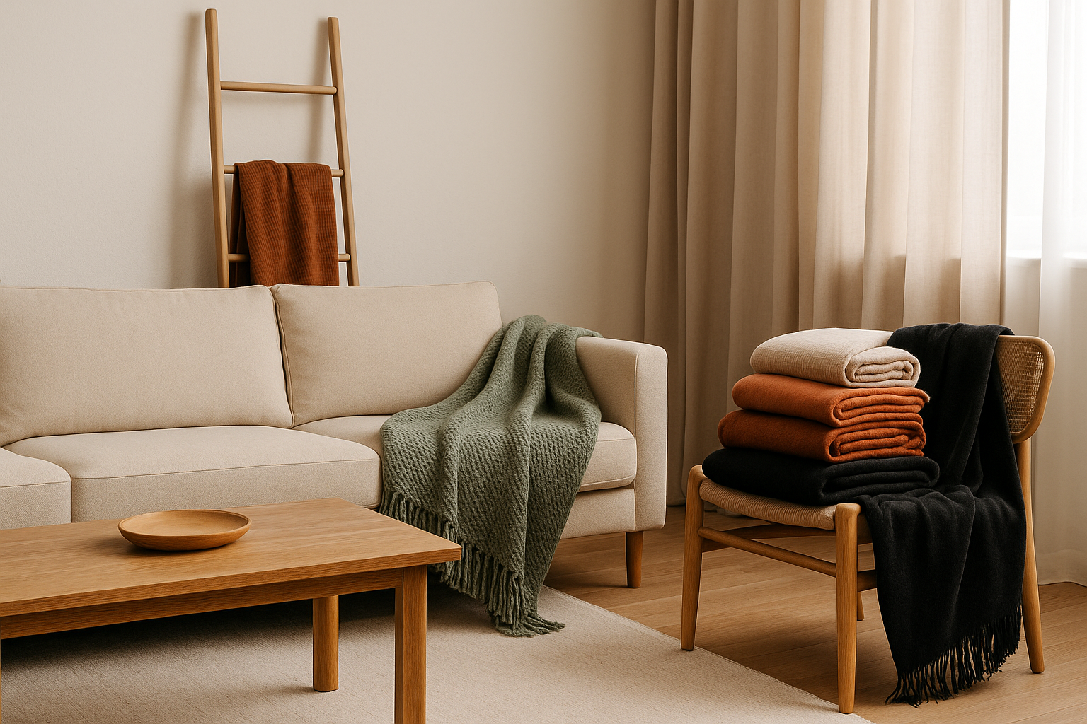 Plaid — jeté vert sauge à franges sur canapé beige, pile de plaids terracotta, écru et noir sur chaise en bois, salon scandinave avec rideaux beiges
