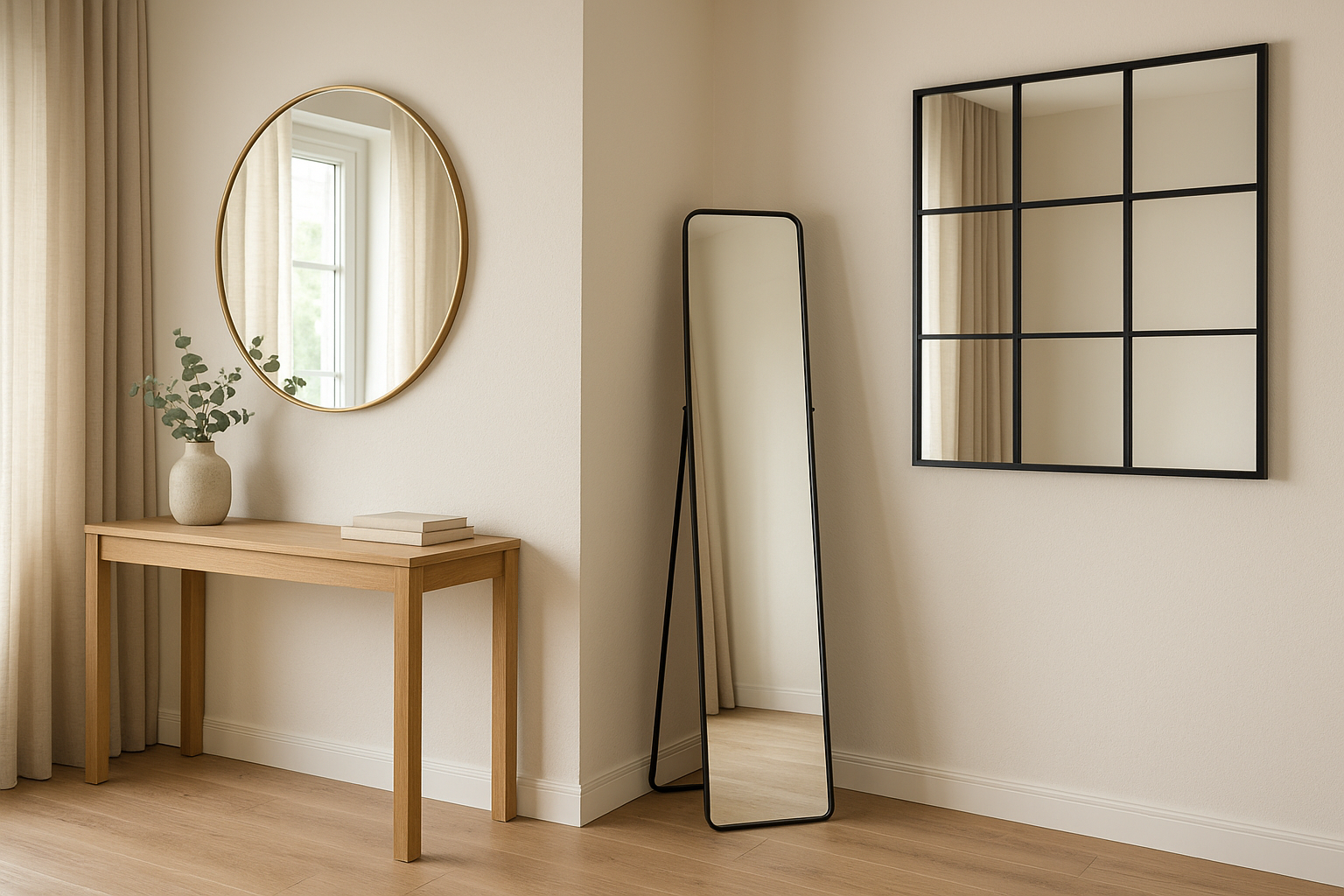 Miroir — ensemble de trois miroirs : rond cadre laiton, psyché pleine longueur noir et miroir verrière métal noir au-dessus d’une console en chêne, salon scandinave lumineux