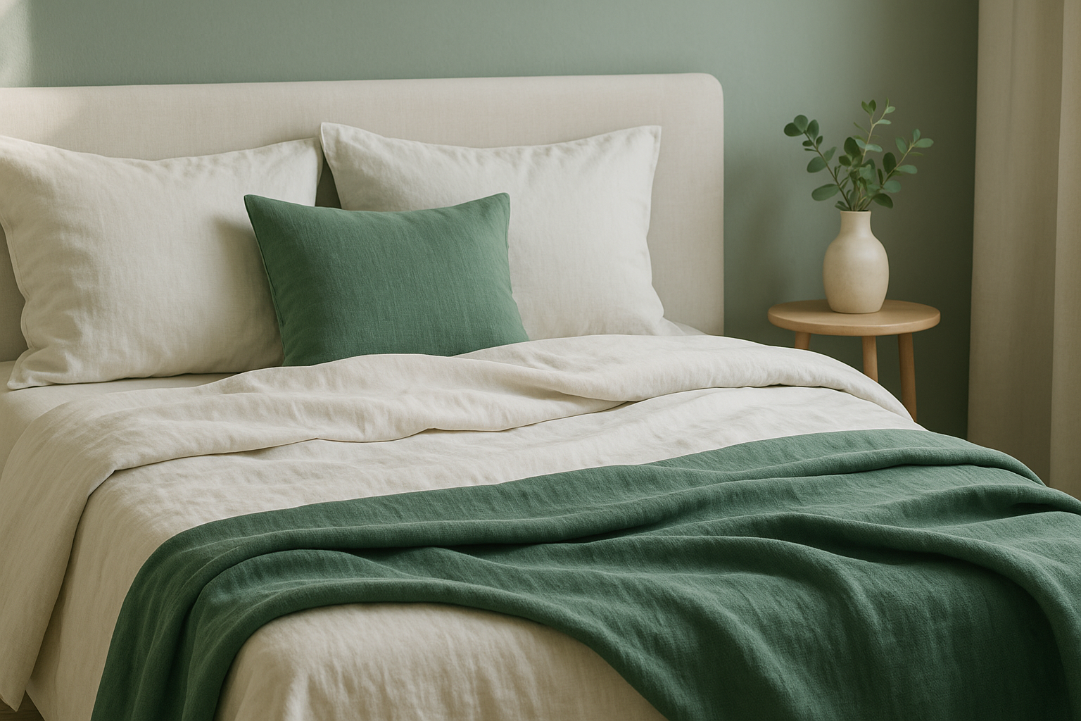 Lit double avec drap housse et drap plat en percale de coton beige, chambre lumineuse style hôtel, linge de lit de qualité
