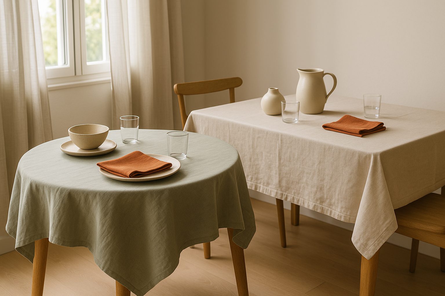 Table de salle à manger avec nappe en lin lavé beige, vaisselle blanche et lumière naturelle