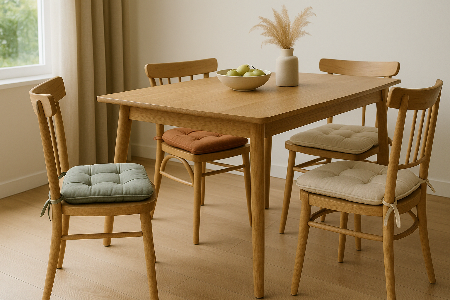 Coussin de chaise 40×40 matelassé avec nouettes — coloris sauge, terracotta et écru sur chaises en bois autour d’une table scandinave, salle à manger lumineuse