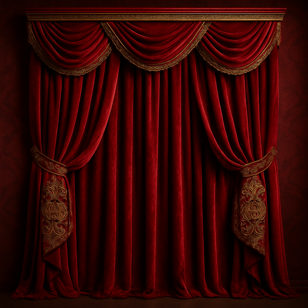 Rideau baroque rouge en velours avec embrasses dorées et lambrequin ornementé, dans un style classique et luxueux.