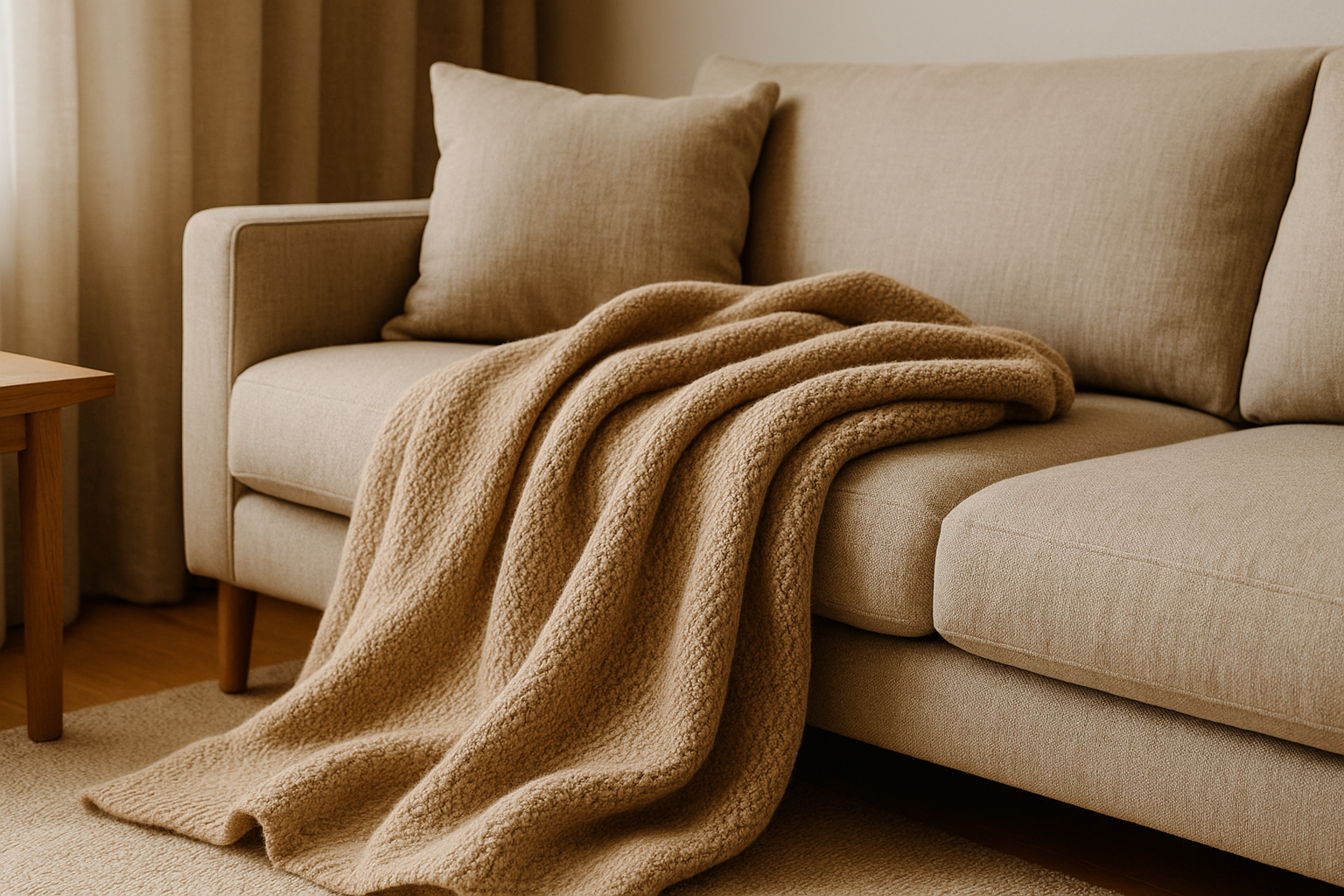 Couverture en laine mérinos beige sur canapé, plaid douillet et chaud pour salon – Ombre Intérieur