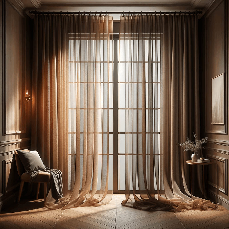 Voilage Marron : Léger tissu aux nuances chaleureuses, idéal pour tamiser la lumière et apporter une touche naturelle à votre intérieur.