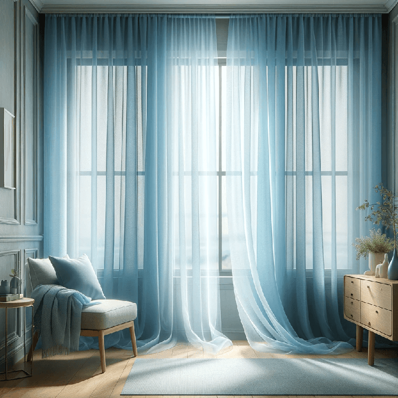 Un voilage bleu aux reflets apaisants, délicatement transparent, idéal pour tamiser la lumière et créer une atmosphère douce et relaxante.