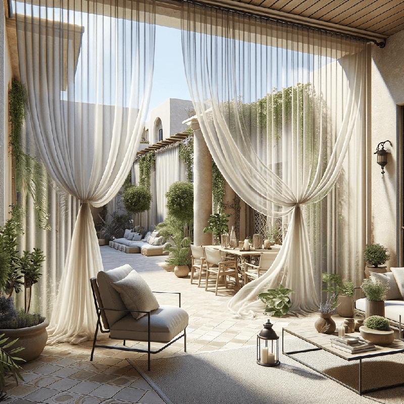Voilage Terrasse : Léger et aérien, il habille votre espace extérieur avec élégance et laisse filtrer la lumière naturelle.