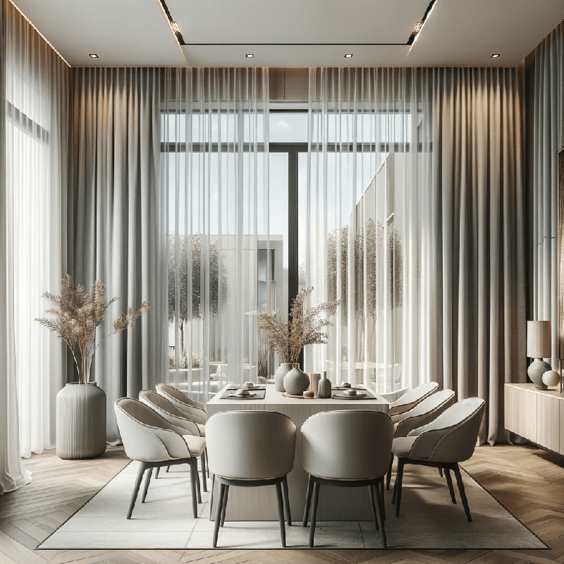 Voilage moderne pour salle à manger : design épuré, tombé fluide, apporte une touche contemporaine à votre intérieur.