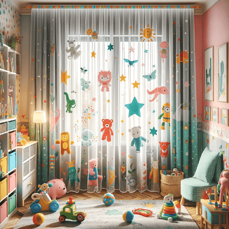 Léger voilage pour enfant, orné de motifs ludiques et colorés, idéal pour apporter une touche de douceur et de fantaisie à une chambre d'enfant.