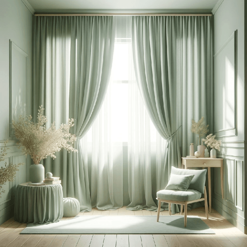 Un rideau vert pastel apporte une touche de douceur et de fraîcheur à votre intérieur, idéal pour une ambiance apaisante et lumineuse.