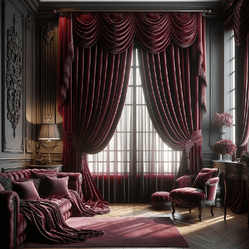 Un rideau Bordeaux au tombé élégant, apportant une touche chaleureuse et sophistiquée à votre intérieur.