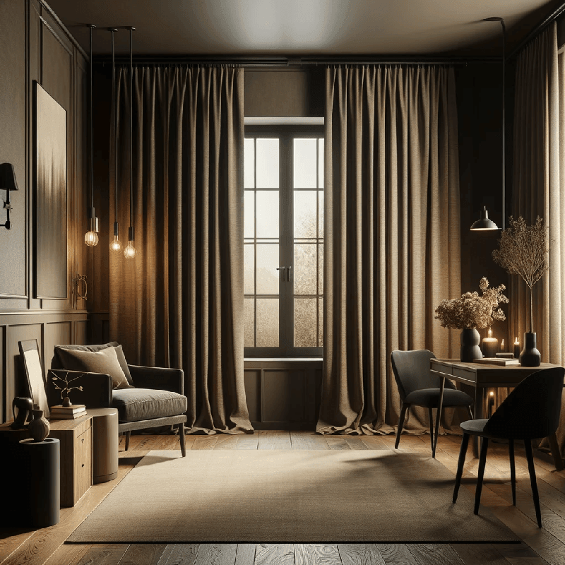 Un rideau beige foncé, sobre et élégant, apportant une touche chaleureuse à votre intérieur.