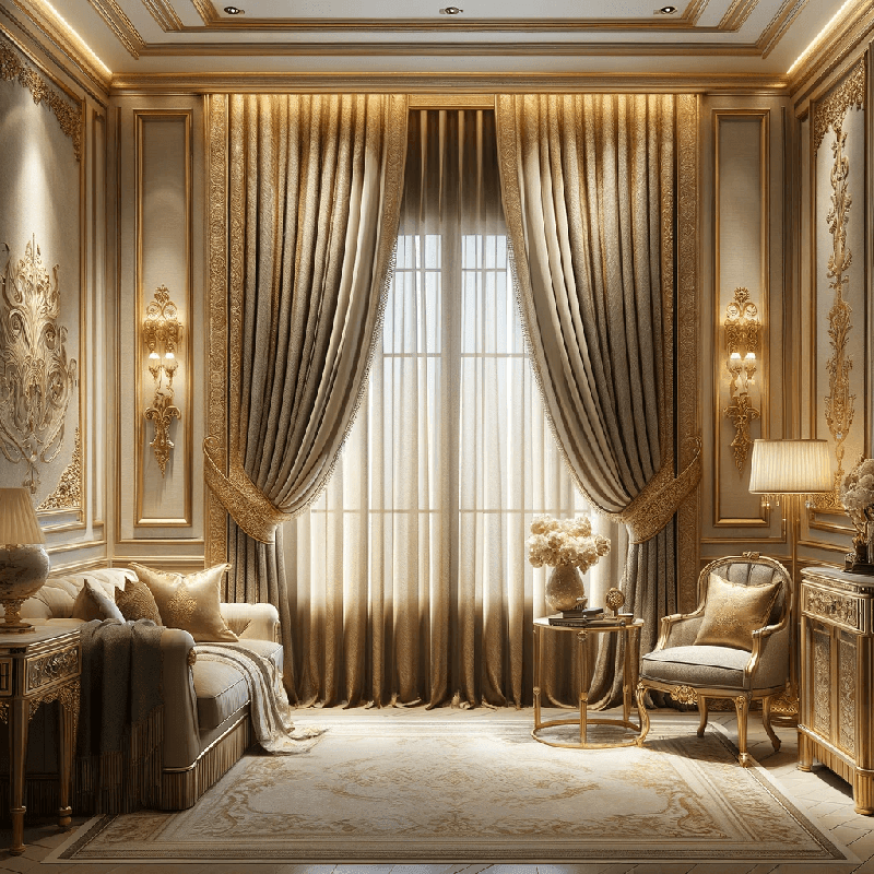 Un rideau beige orné de motifs dorés, apportant une touche d'élégance et de chaleur à votre intérieur.