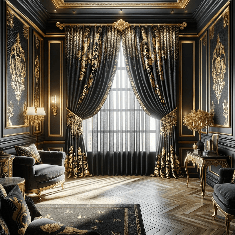 Un rideau élégant mêlant le noir profond et l'or brillant, apportant une touche sophistiquée à votre intérieur.