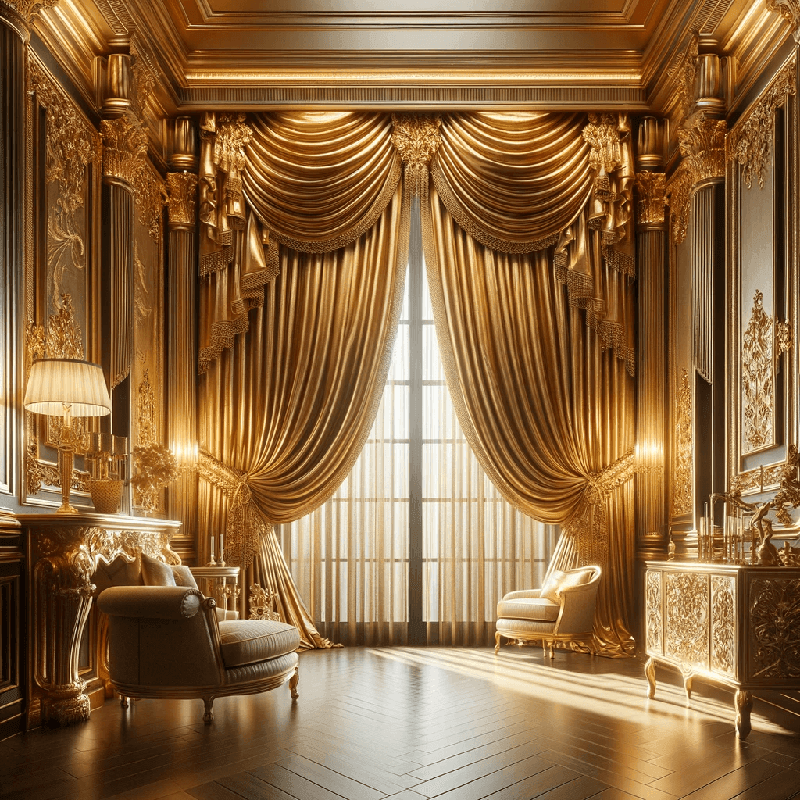 Élégant rideau doré, apportant une touche de luxe et de chaleur à votre intérieur, idéal pour sublimer vos fenêtres.