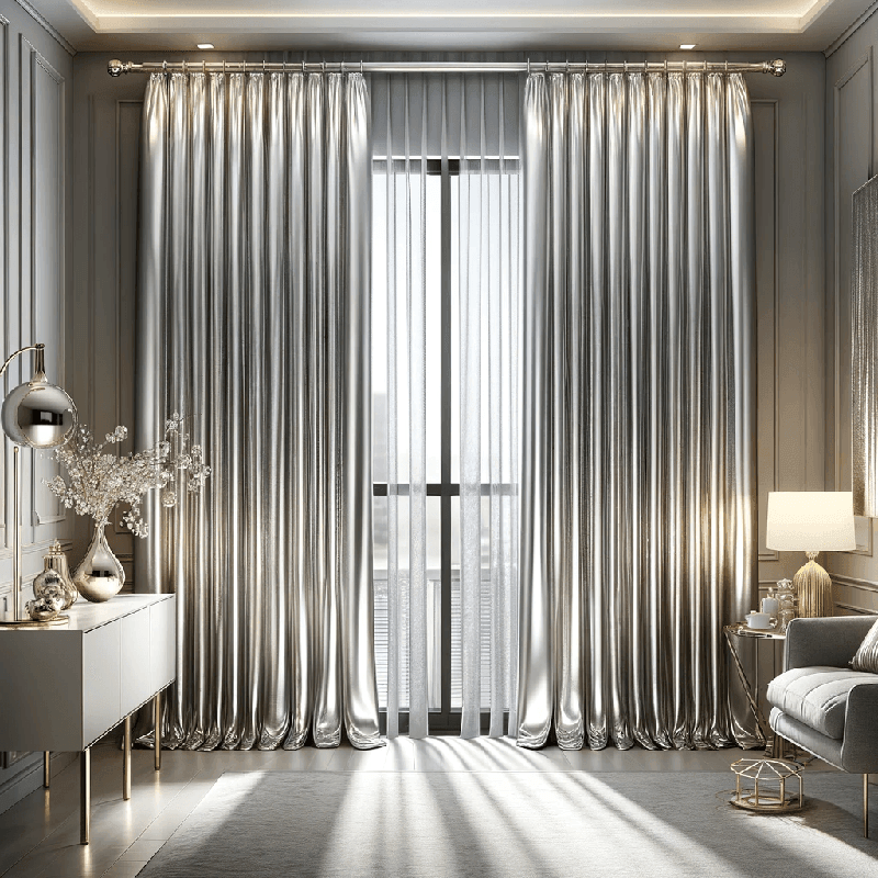 Un rideau argenté, élégant et lumineux, apportant une touche moderne et sophistiquée à votre intérieur.