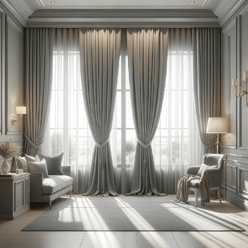 Un rideau gris perle, sobre et élégant, apportant une touche de douceur et de modernité à votre intérieur.