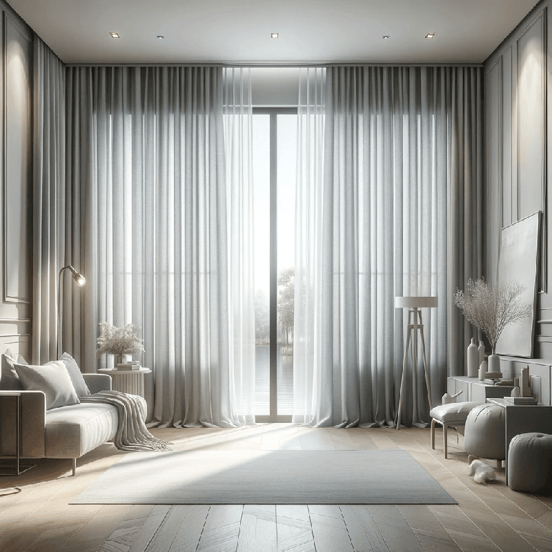 Un rideau gris clair, sobre et élégant, apportant une touche de douceur et de modernité à votre intérieur.