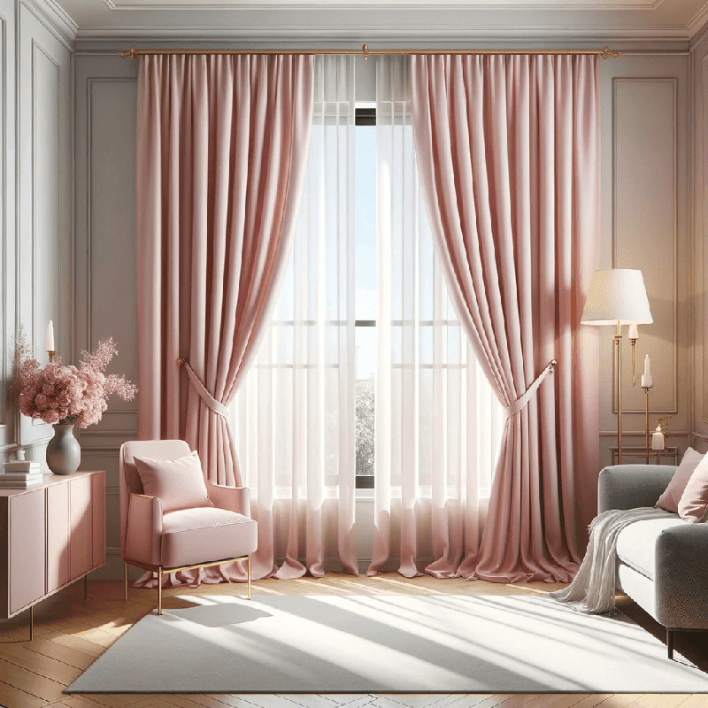 Un rideau délicat, d'un rose poudré doux et lumineux, apportant une touche de douceur et d'élégance à votre intérieur.