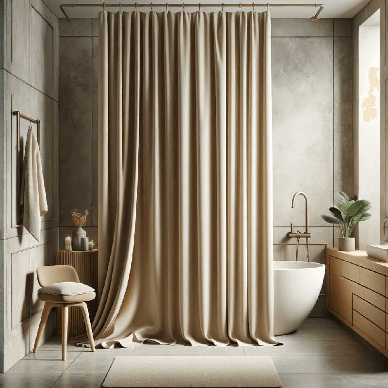 Un rideau de douche beige, sobre et élégant, apportant une touche de douceur et de chaleur à votre salle de bain.