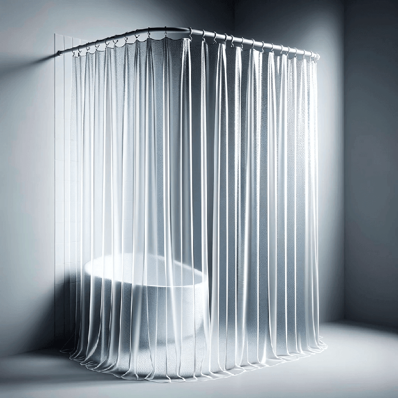 Un rideau de douche en plastique transparent, résistant à l'eau, avec des œillets métalliques pour une installation facile.
