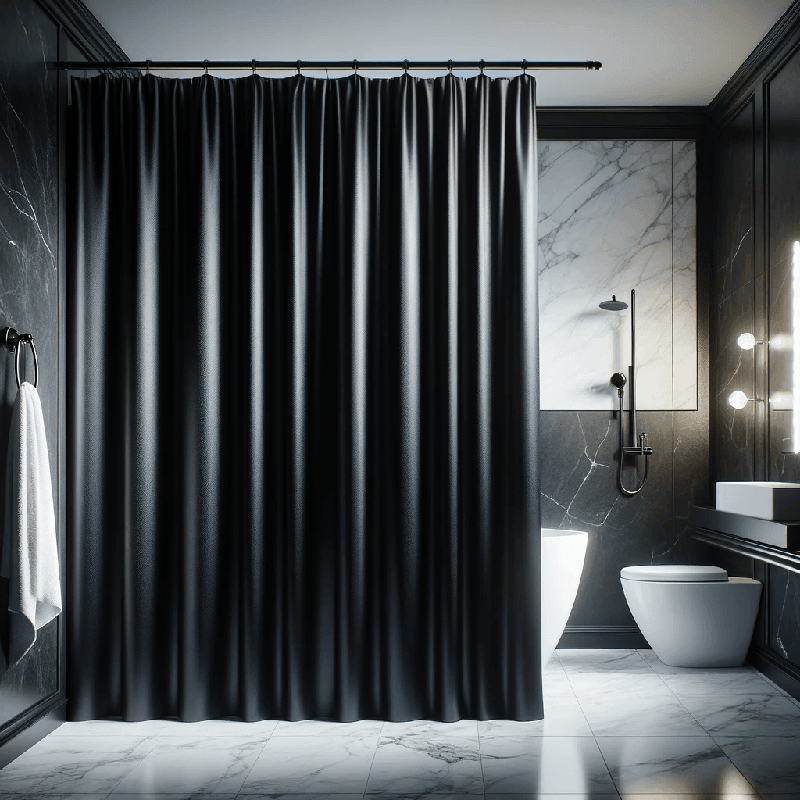 Un rideau de douche noir sobre et élégant, idéal pour apporter une touche moderne à votre salle de bain.