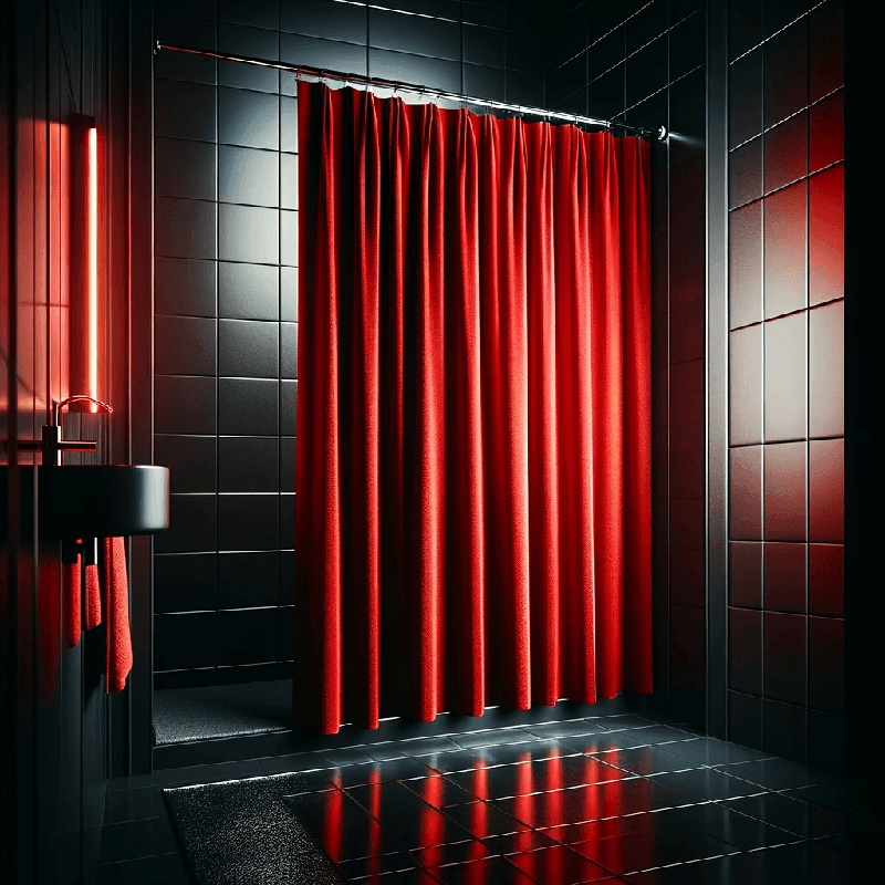 Un rideau de douche rouge vif, apportant une touche de couleur audacieuse et dynamique à votre salle de bain.