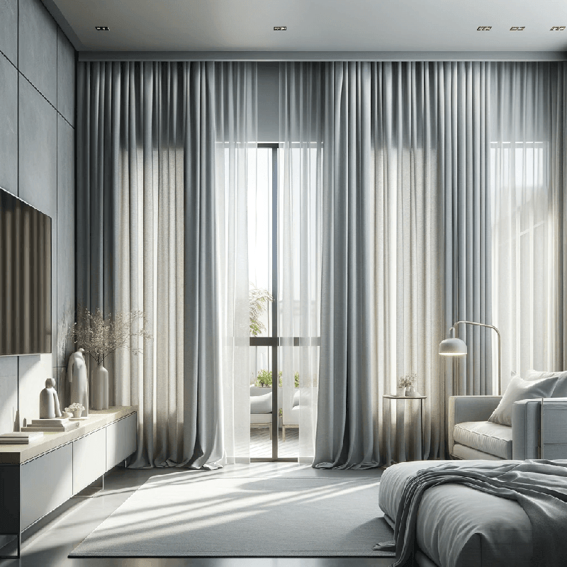 Un grand rideau élégant, tombant en plis réguliers, apportant une touche de sophistication à votre intérieur.