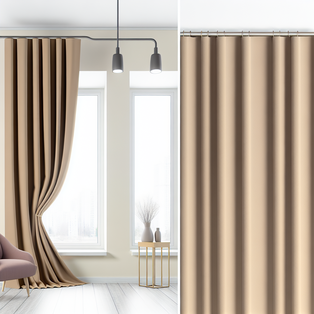 Rideau beige uni en tissu épais avec plis réguliers, suspendu à une tringle métallique dans un salon moderne aux murs clairs.