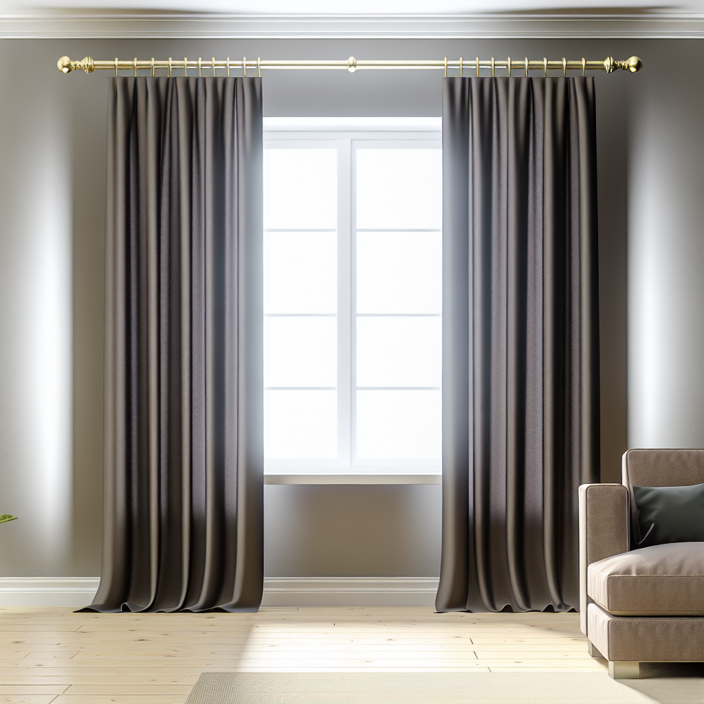 Rideau en tissu gris foncé avec plis droits, suspendu à une tringle dorée dans un salon aux murs gris clair, lumière naturelle filtrant.