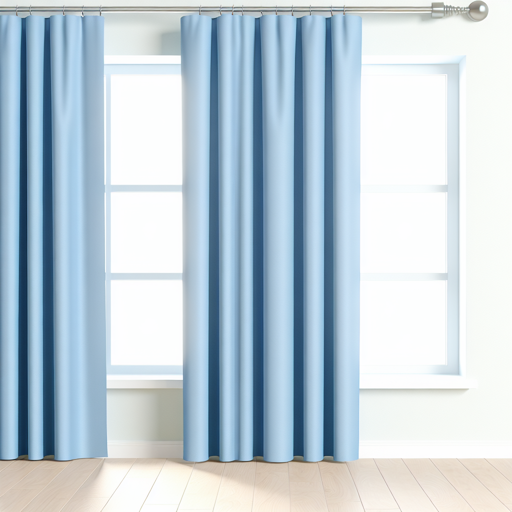 Rideau bleu clair en tissu lisse avec plis droits, suspendu à une tringle métallique dans une pièce lumineuse aux murs blancs et sol en b...