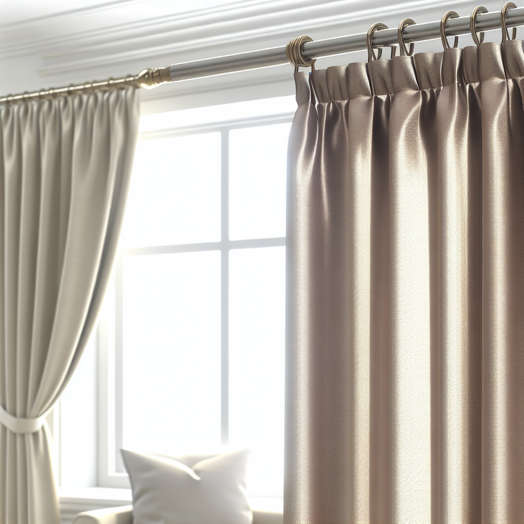 Rideau en satin beige brillant avec plis réguliers, suspendu à une tringle dorée dans un salon lumineux avec fenêtre et canapé blanc.