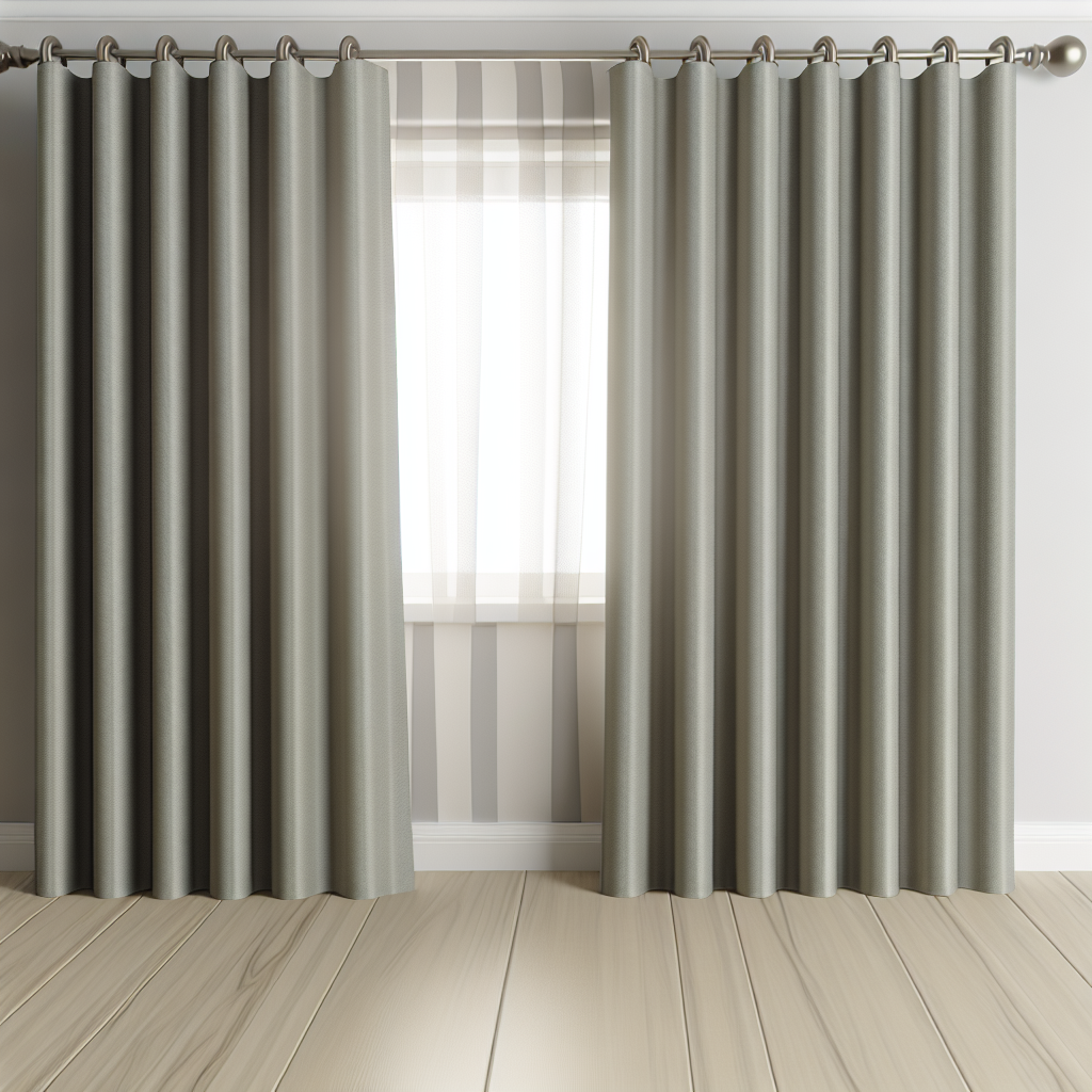 Rideau gris clair en tissu épais avec plis réguliers, tringle métallique, dans une pièce aux murs gris et sol en bois clair.