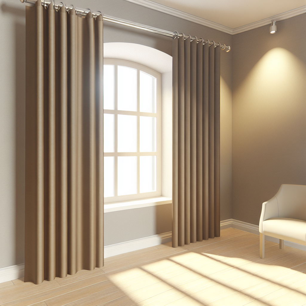Rideau beige uni en tissu épais avec plis réguliers, suspendu à une tringle métallique dans un salon aux murs taupe, éclairage doux.