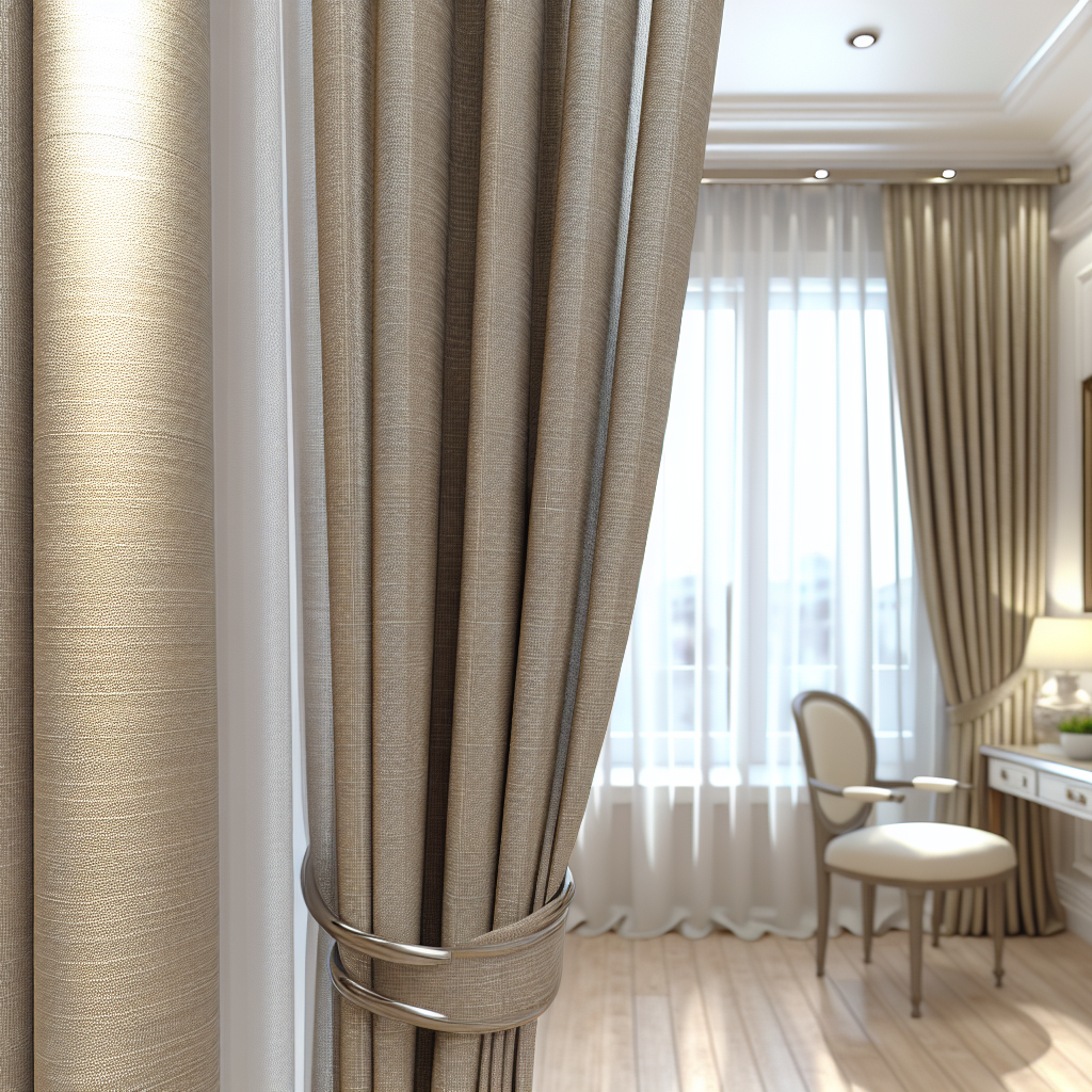 Rideau beige texturé avec plis droits, tringle métallique, dans un salon lumineux avec parquet clair et mobilier classique.