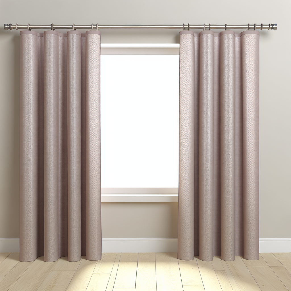 Rideau en tissu beige clair avec plis ondulés, suspendu à une tringle métallique dans une pièce aux murs et sol clairs.