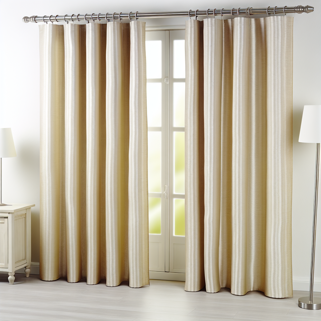 Rideau beige à texture légère avec plis réguliers, suspendu à une tringle métallique dans une pièce lumineuse avec sol en bois clair.