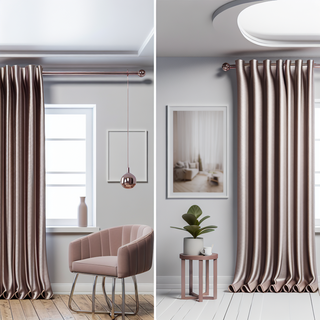 Rideau en tissu satiné rose pâle avec plis ondulés, tringle métallique, dans un salon moderne aux murs gris et parquet clair.