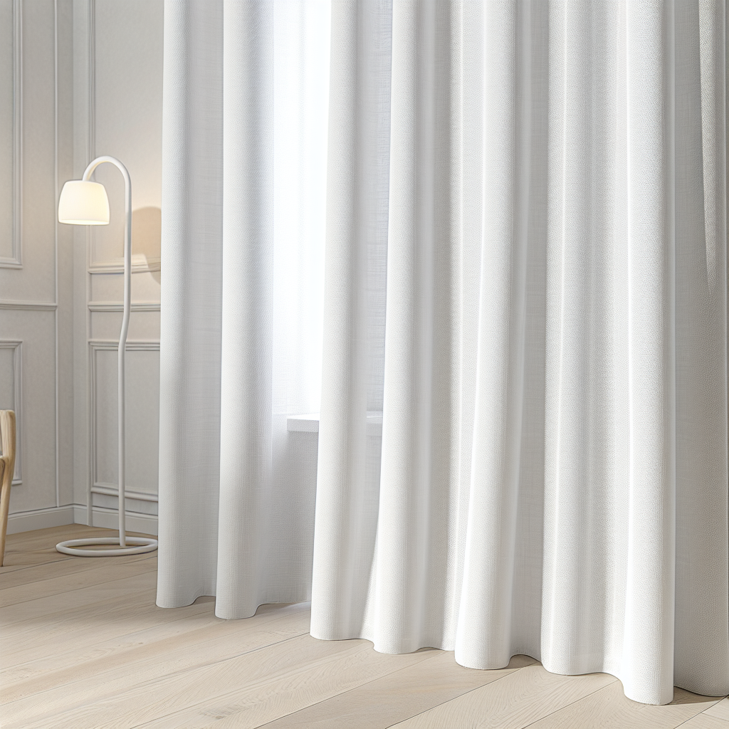 Rideau blanc en tissu léger avec plis souples, suspendu dans une pièce lumineuse avec sol en bois clair et lampe sur pied blanche.