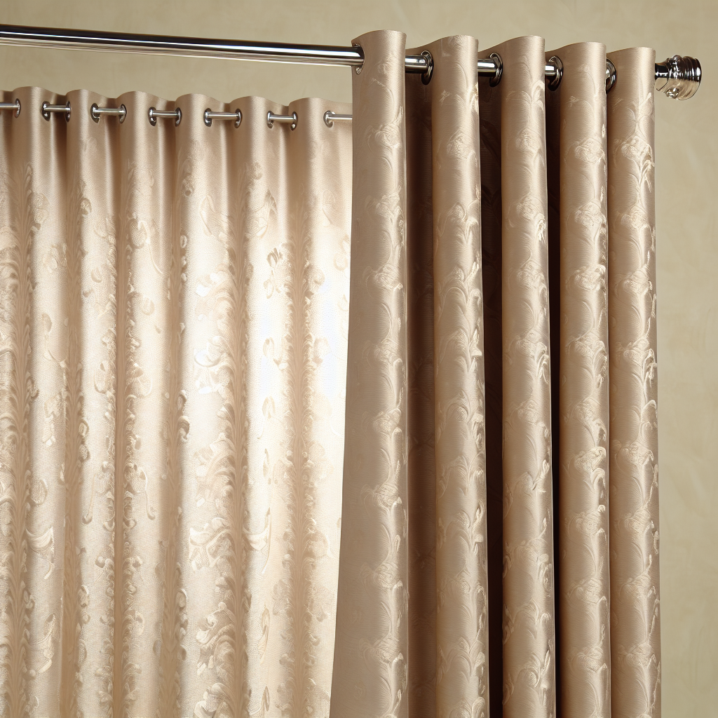 Rideau beige satiné avec motifs floraux, plis ondulés, tringle métallique argentée, éclairage doux, mur beige en arrière-plan.