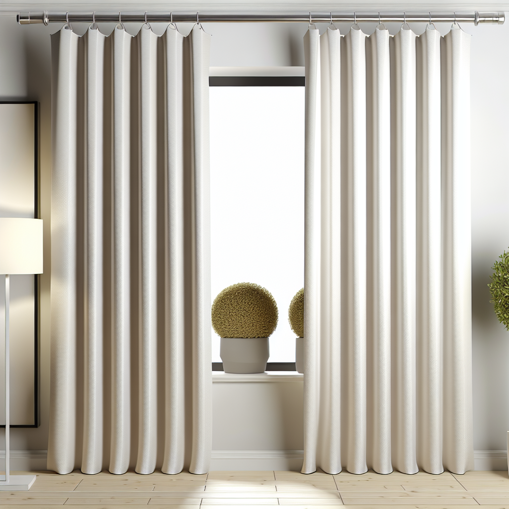 Rideau en tissu beige clair avec plis réguliers, suspendu à une tringle métallique dans un salon lumineux avec plantes en pot.