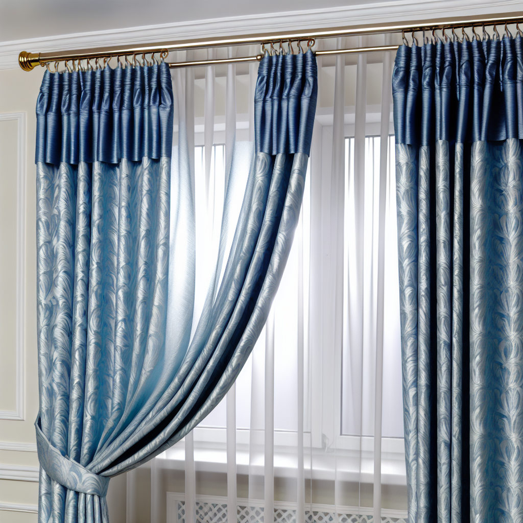Rideau bleu à motifs floraux, tissu épais, plis élégants, tringle dorée, dans une pièce aux murs clairs, lumière naturelle douce.