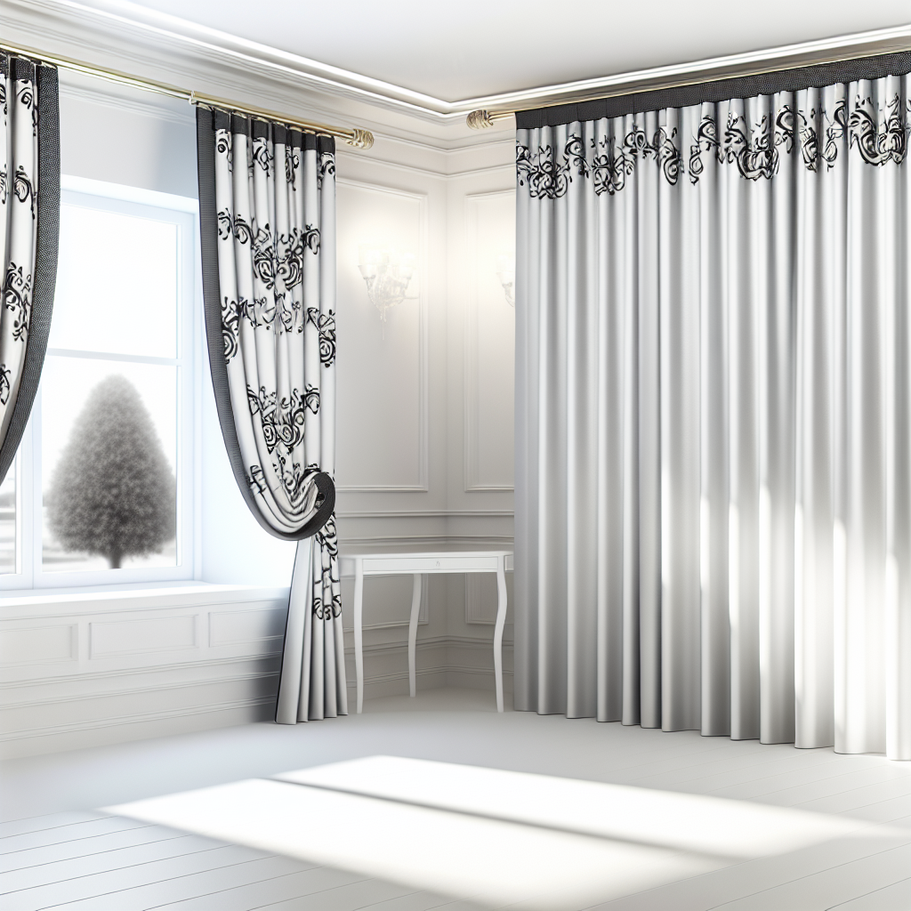 Rideau blanc avec motifs noirs, plis droits, tringle dorée, dans une pièce blanche lumineuse avec moulures et fenêtre.